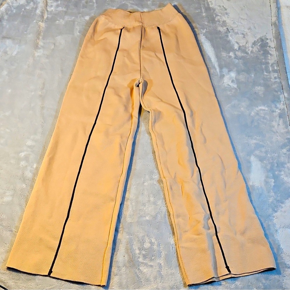 Women's Beige/Black Rayon Knit Wide Leg Pants Elastic Waist Piping Size M